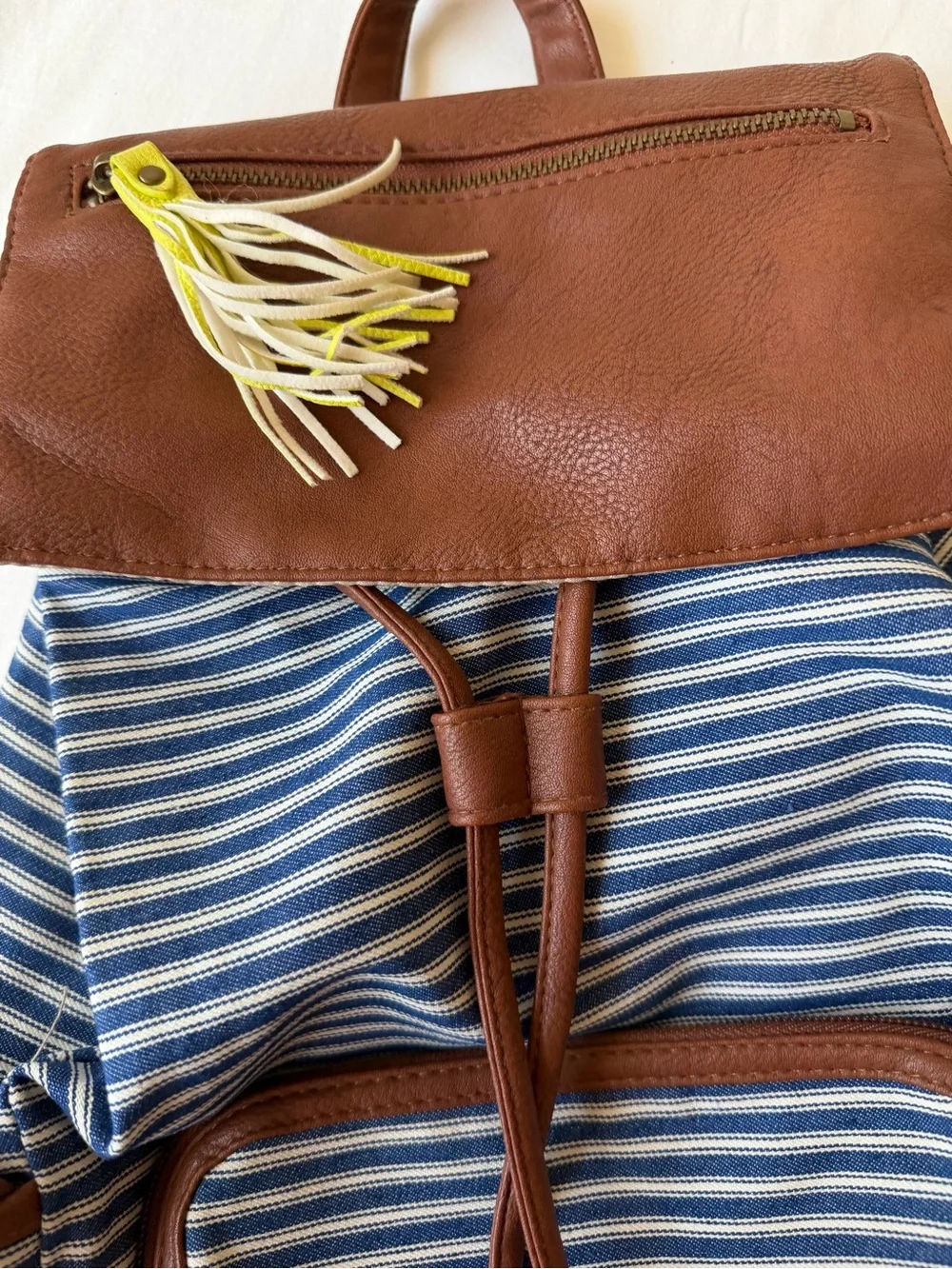 Madden Girl Blue & White Striped Canvas Backpack w/ Faux Leather Trim